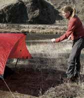 Extd the poles high ough so the Tarp does not touch the Mesh Inner, and insert the poles tips into the middle attachmt point rings on the Tarp s sis.