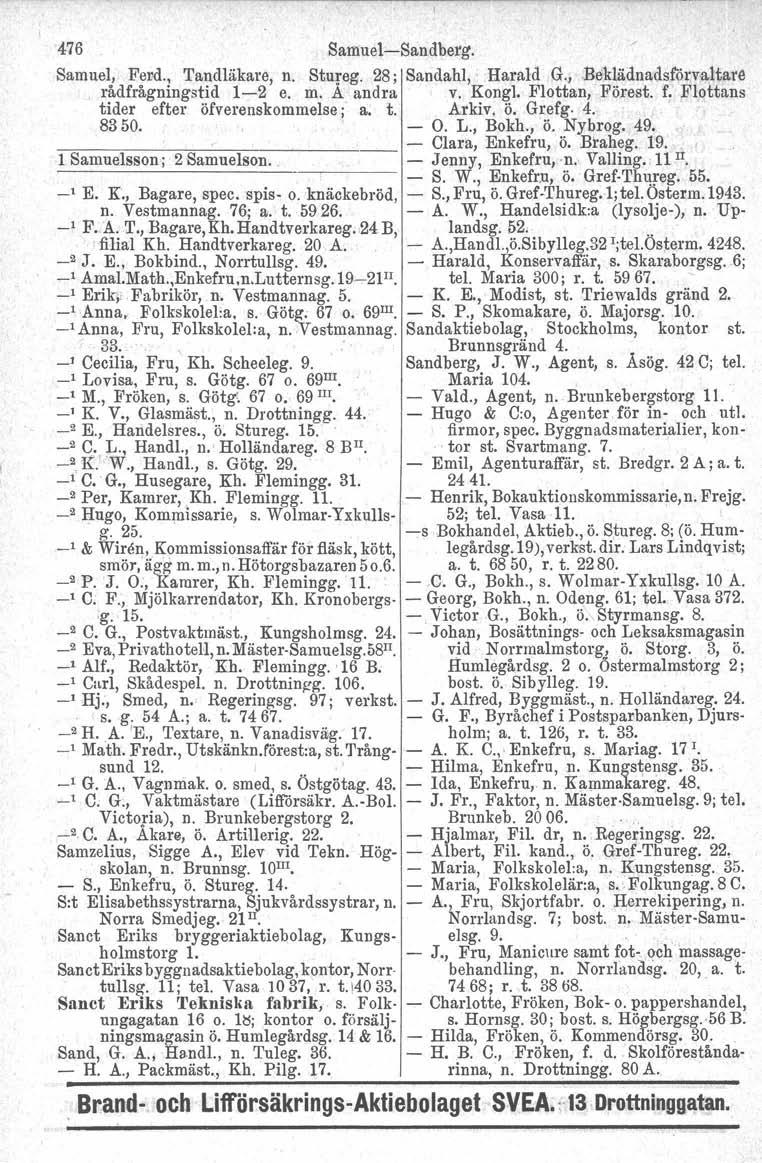 476 Samuel-Sandberg. Samuel, Ferd., Taudläkare, n. Stureg, 28; Sandahl. Harald G., Beklädnadsförvaltare rådfrågningstid 1-2 e. m. A andra v. Kong]. Flottan, Förest. f.