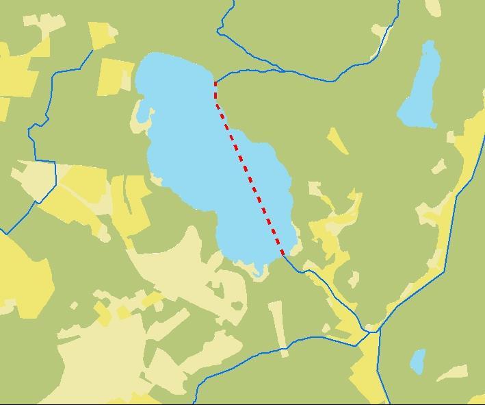 Figur 6: Dimensionerande transportsträcka (streckad) i mindre sjöar. 2.4.