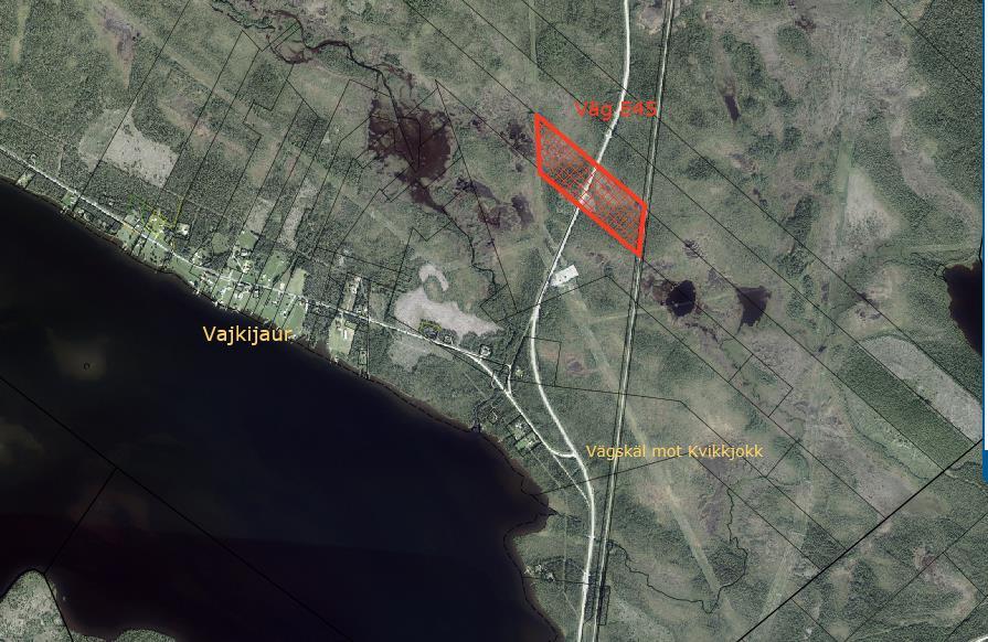 BAKGRUND OCH SYFTE Jokkmokks kommun jobbar med att detaljplanelägga ett område i Vajkijaur, ca 7 km norr om centrala Jokkmokk, där det planeras att möjliggöra förutsättningar för industri, se Figur 1.