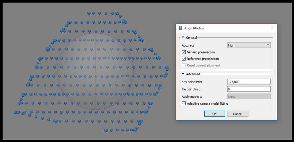 Agisoft Photoscan Professional Bildmatchning: Punkterna visar drönarens position vid