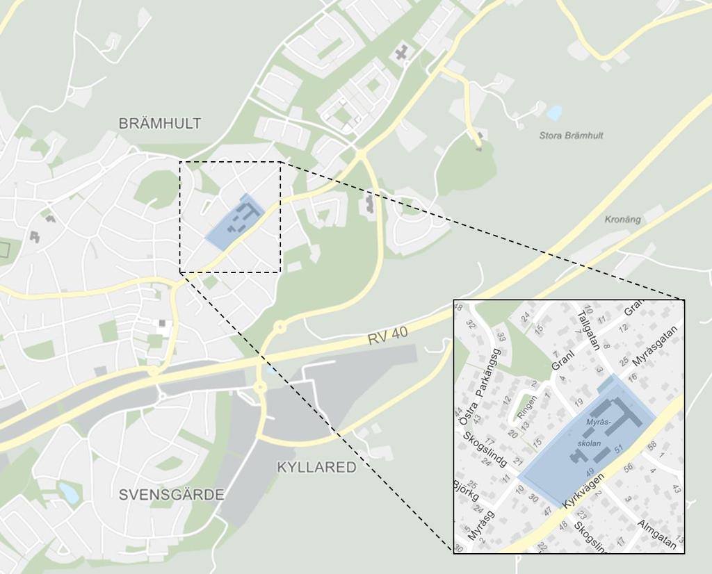 Figur 1 Karta över Brämhult med planområdet markerat i blått. Planområdets omgivning består mestadels av villor och är omsluten av de fyra gatorna Myråsgatan, Kyrkvägen, Tallgatan och Skogslindgatan.
