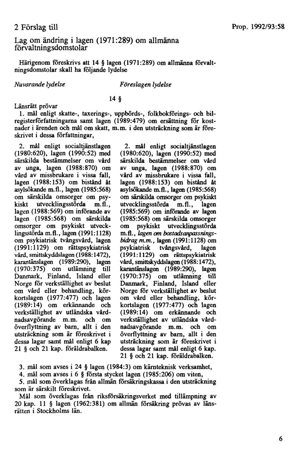 2 Förslag till Lag om ändring i lagen (1971 :289) om allmänna förvaltningsdomstolar Härigenom föreskrivs att 14 lagen (1971:289) om allmänna förvaltningsdomstolar skall ha följande lydelse Nuvarande