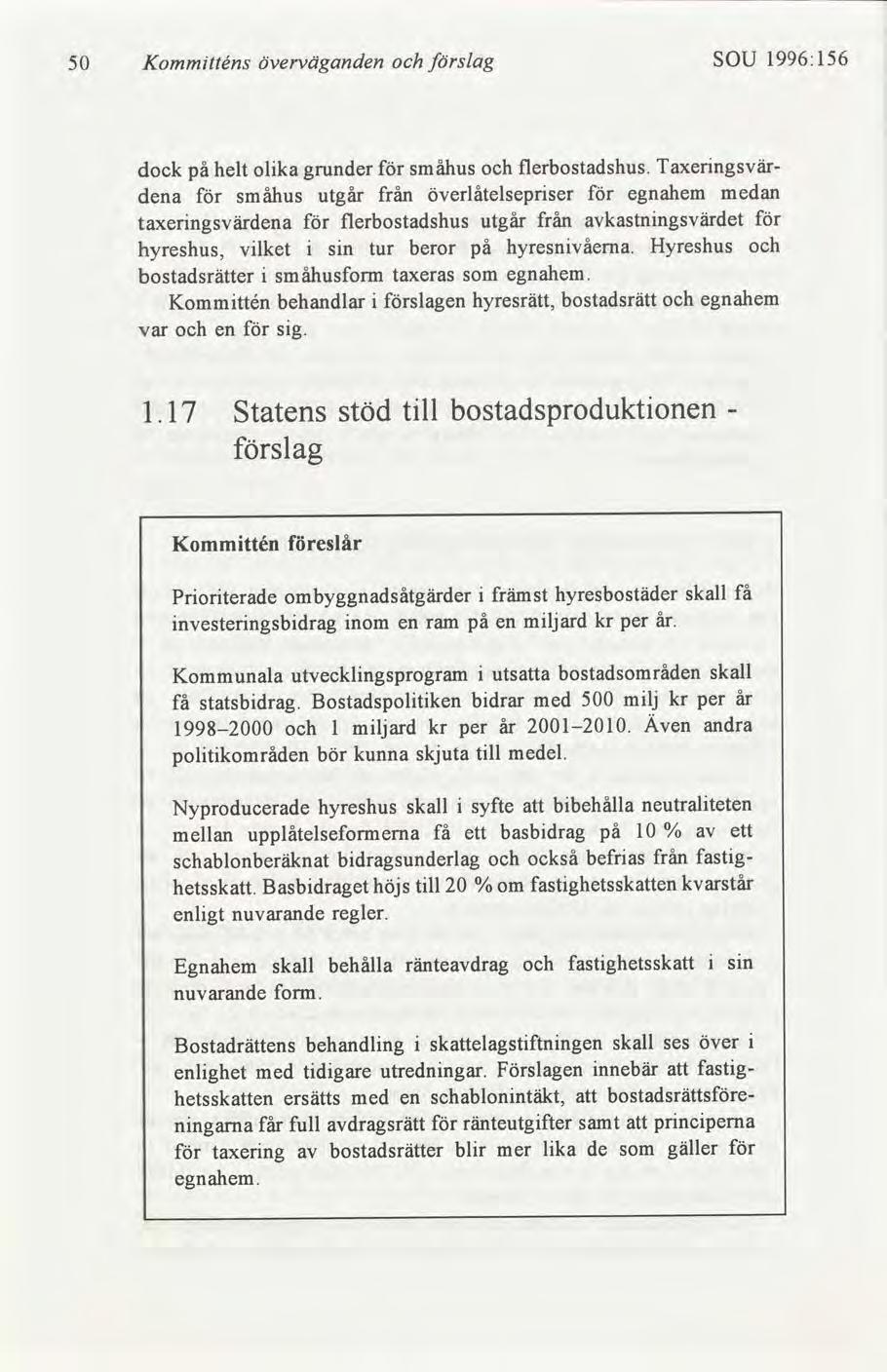 SOU 1996:156 slag överväganden Kommtténs 50 Taxerngsvärflerbostadshus.