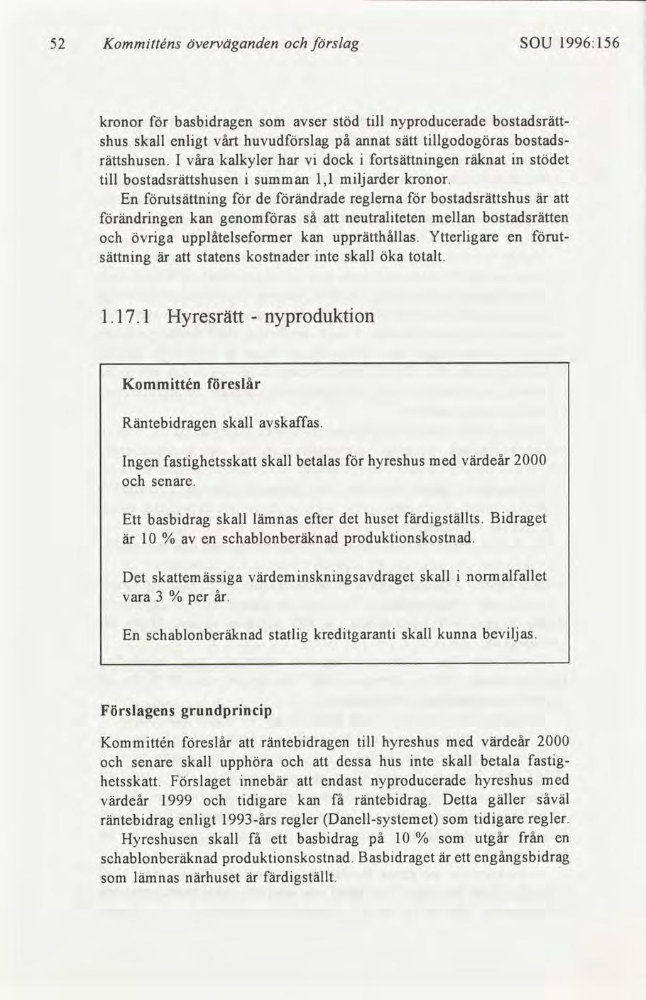 52 Kommtténs överväganden slag SOU 1996:156 kronor basbdragen som ser stöd tll nyproducerade bostadsrätt shus skall enlgt vårt huvudslag på annat sätt tllgodogöras bostads rättshusen.