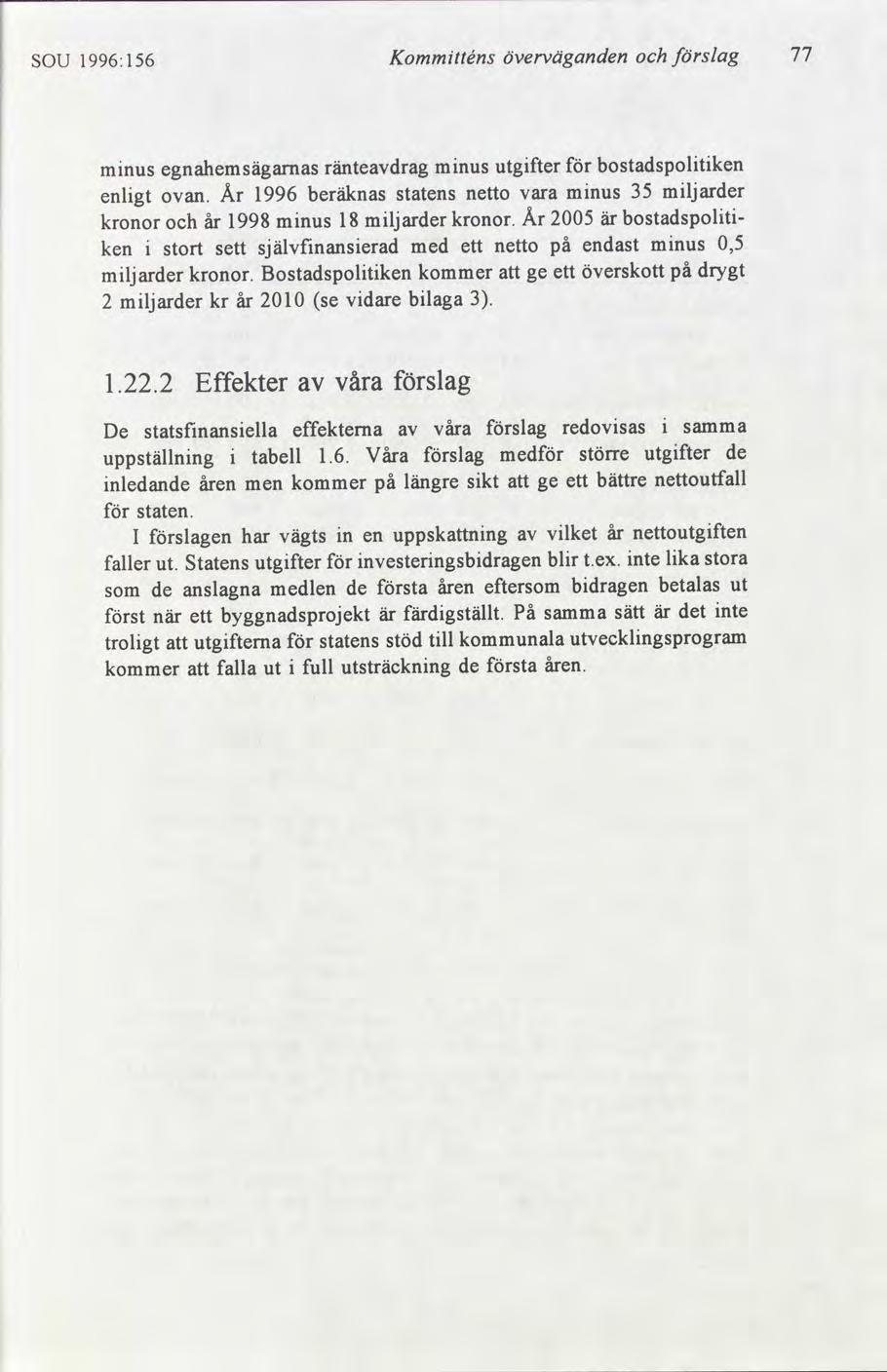 sou 1996:156 Kommtténs överväganden slag 77 mnus egnahemsägarnas räntedrag mnus utgfter bostadspoltken enlgt År 1996 beräknas statens netto vara mnus 35 mljarder ovan.