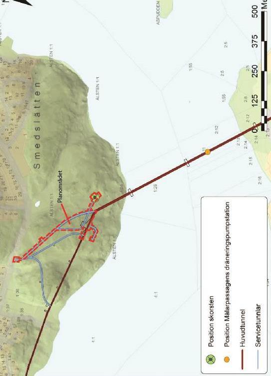 Sida 18 (40) Planförslag Detaljplanen möjliggör en teknisk anläggning under mark, inklusive serviceväg, under Ålstensskogen, en tunnelmynning med port och infart till servicevägen i anslutning till