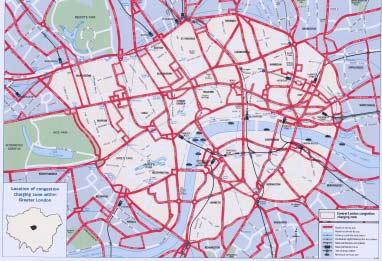 I London har i februari år 2003 införts ett system med vägavgifter. Avgift tas ut för färd i centrala London, ett område ungefär lika stort som Stockholms innerstad.