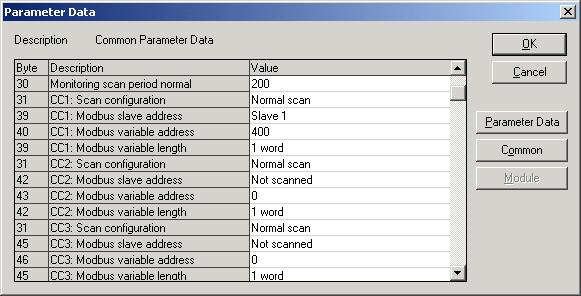 Rulla ner i byte adressen och ändra CC1 Modbus slave adress till 1. Ändra CC1: Modbus variable adress till 400. Det är CMD ( W400 ) i ATS48/ATV28. Ändra CC1: Modbus variable length till 1.