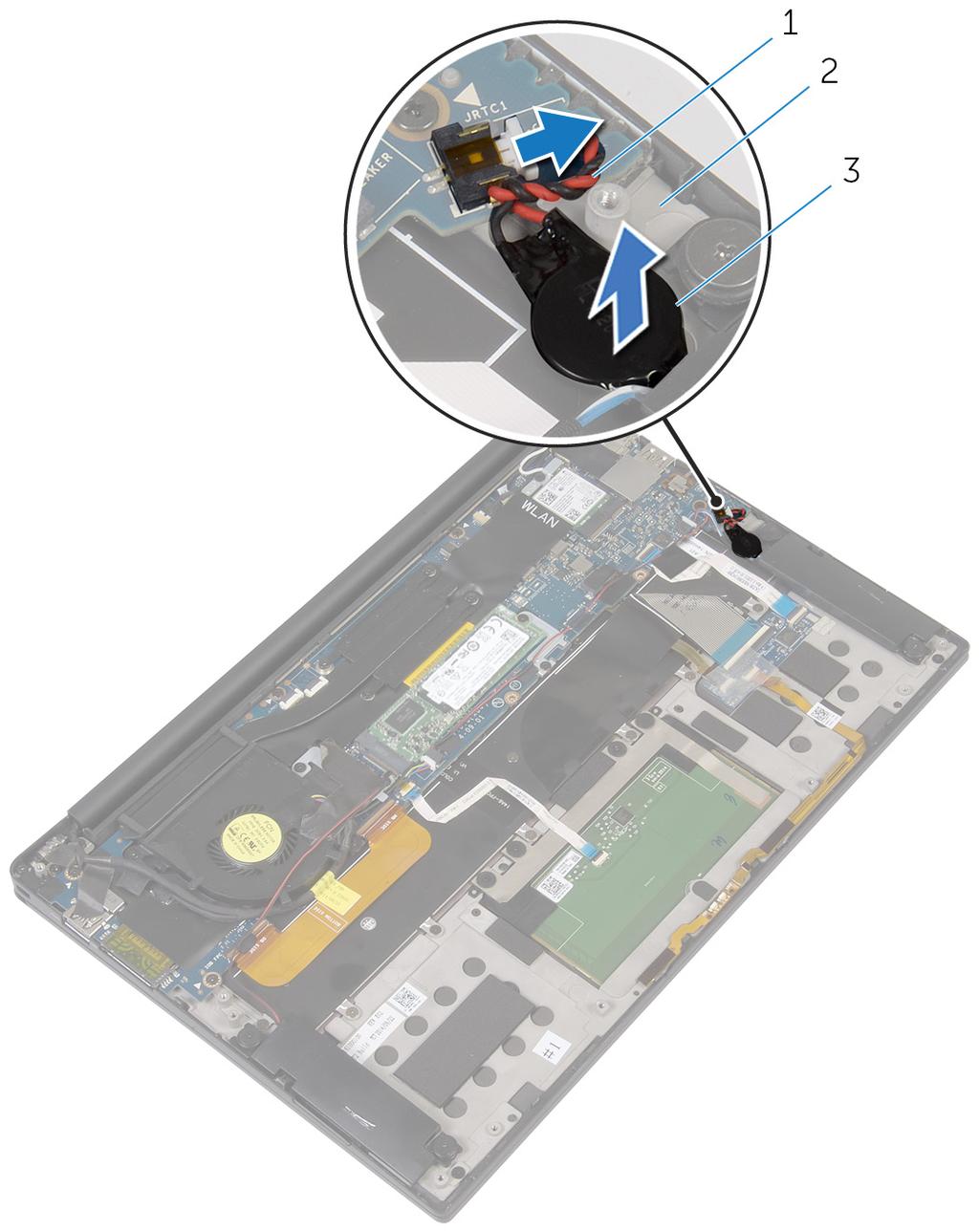 2 Observera placeringen av knappcellsbatteriet och bändloss det från handledsstödet. Figur 10.