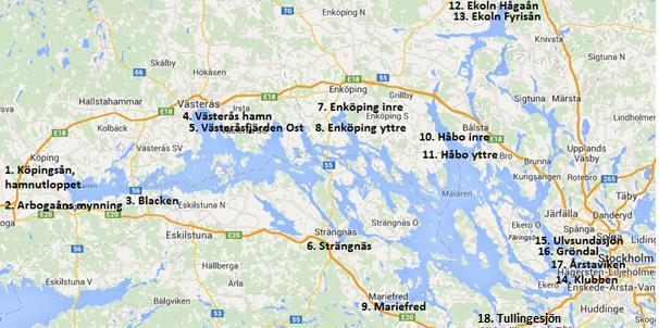 Resultat för Mälaren Karta 7. Provtagningsstationer i Mälaren (17 stationer) i screeningar av prioriterade ämnen i Norra Östersjöns vattendistrikt. (Sweco 2009:1 och 2009:4). Tabell 5.