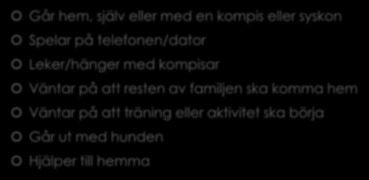Intervjuer/Fokusgrupp Går hem, själv eller med en kompis eller syskon Spelar på telefonen/dator Leker/hänger med kompisar