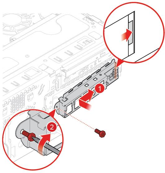 Bild 42. Installera den främre I/O-hållaren 6. Anslut kablarna till det nya strömbrytarkortet och den nya kortläsaren till systemkortet. 7. Sätt tillbaka de borttagna delarna.