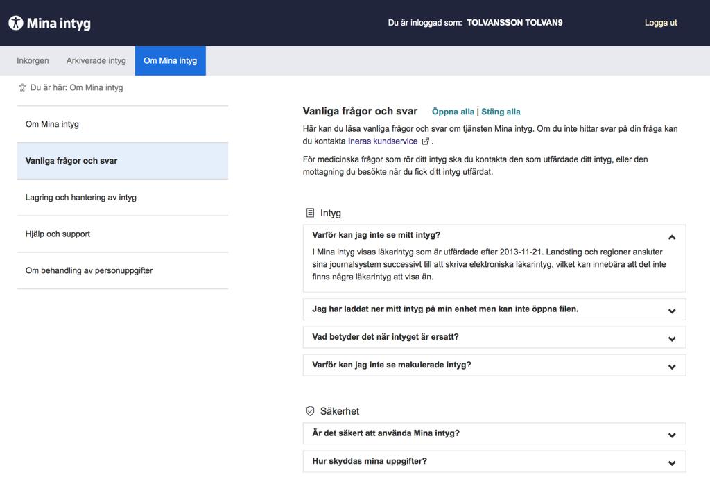 två länkar kan användaren välja att öppna eller stänga samtliga frågor och svar. Hen kan också välja att enbart visa svaret på frågan hen är intresserad av. Figur 6. Vanliga frågor och svar.