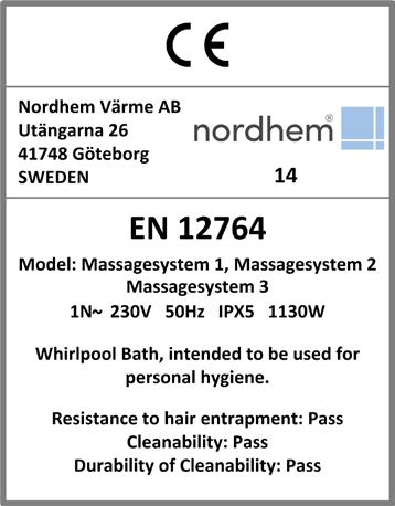 Anslutning av el & elschema Anslutning av el Massagebadkaret levereras med en ca 2m lång kabel (7G 1,5mm). Kabeln bör inte kortas av.