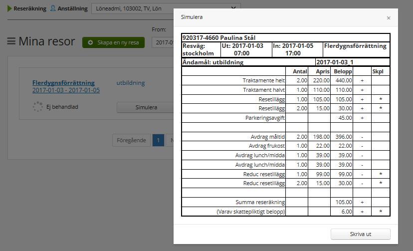 Rapportera in km-ersättning och utlägg Är det en kilometerersättning som ska rapporteras välj Km-ers/Utlägg under förrättning, och fyll i datum, resväg och ändamål. Tryck på tillägg.