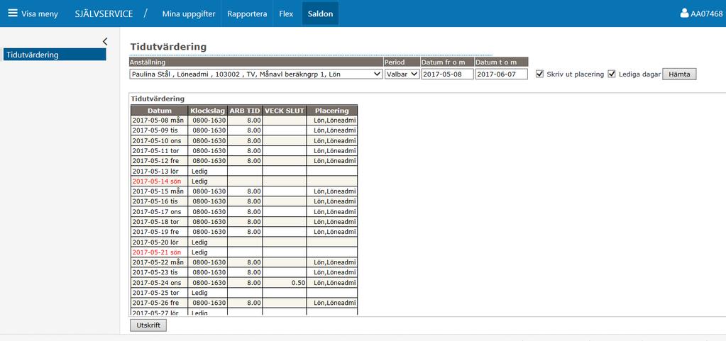 Flex Se separat manual, Manual Flex. Tidutvärdering Under tidutvärdering kan du se din arbetade tid, ob, extratid samt frånvaro mm.