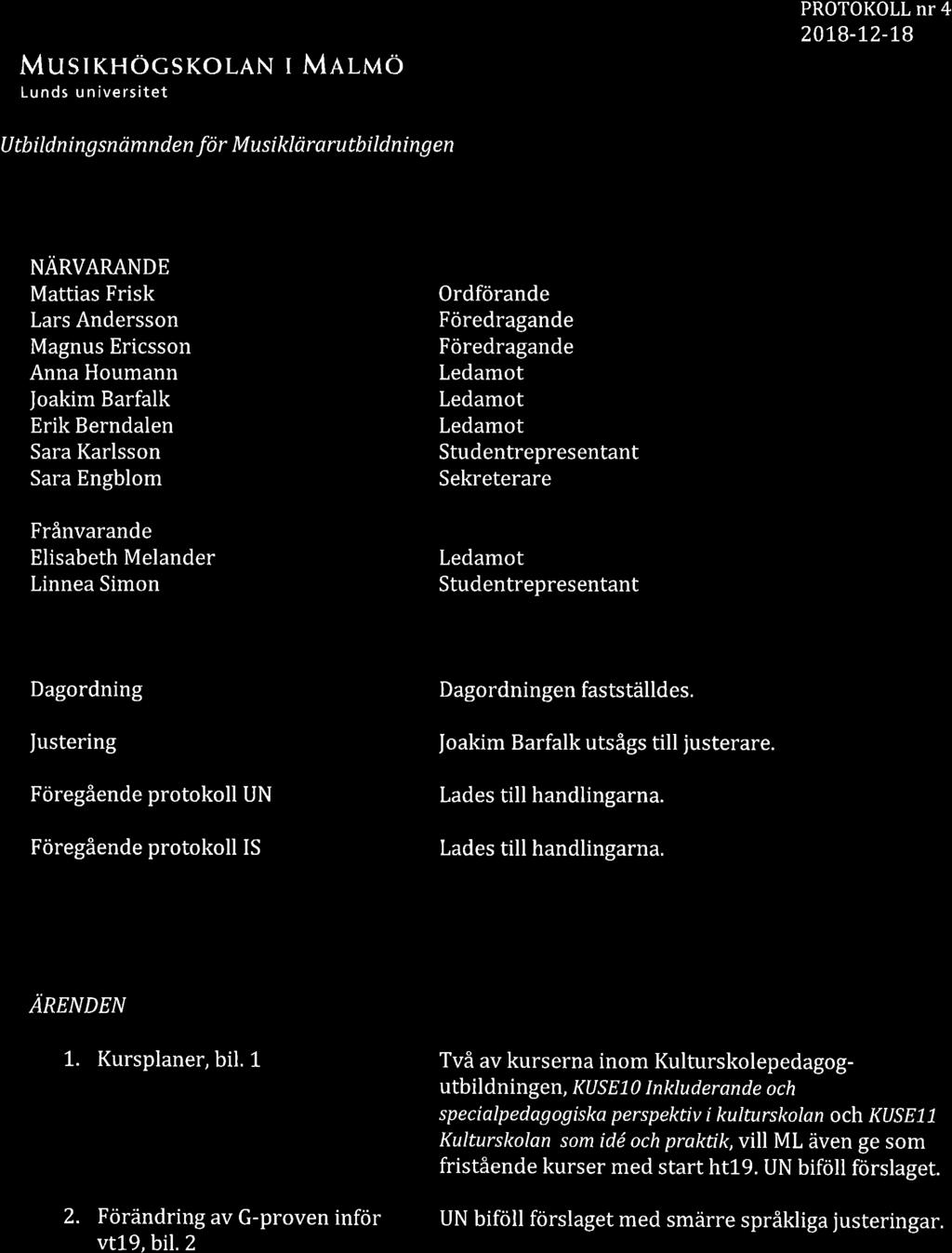 MusrrnocsKoLAN t Mrltr,tö Lunds universitet PROTOKOLLnT 4 20L8-L2-L8 U tb ildni ng s n ämn d e n fö r M u s i klärarutbil dni ng en NARVARANDE Mattias Frisk Lars Andersson Magnus Ericsson Anna