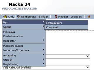 Riktlinjer för inmatning av gymnasiala och grundläggande kurser i Nacka24 Inmatning av enstaka kurs Nedan följer riktlinjer gällande inmatning av enstaka kurser i N24 Observera att 20 poäng per vecka