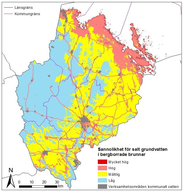 Figur 11. Sannolikhet för salt grundvatten i bergborrade brunnar i Uppsala län.