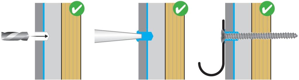 OB: Husk på, at når men gennembryder en fugtspærre, skal nødvendig tætningsmasse anvendes. fhængig af vægmaterialet skal metoden til vægmontering tilpasses denne (evt. forboring, rawplugs el. lign.).