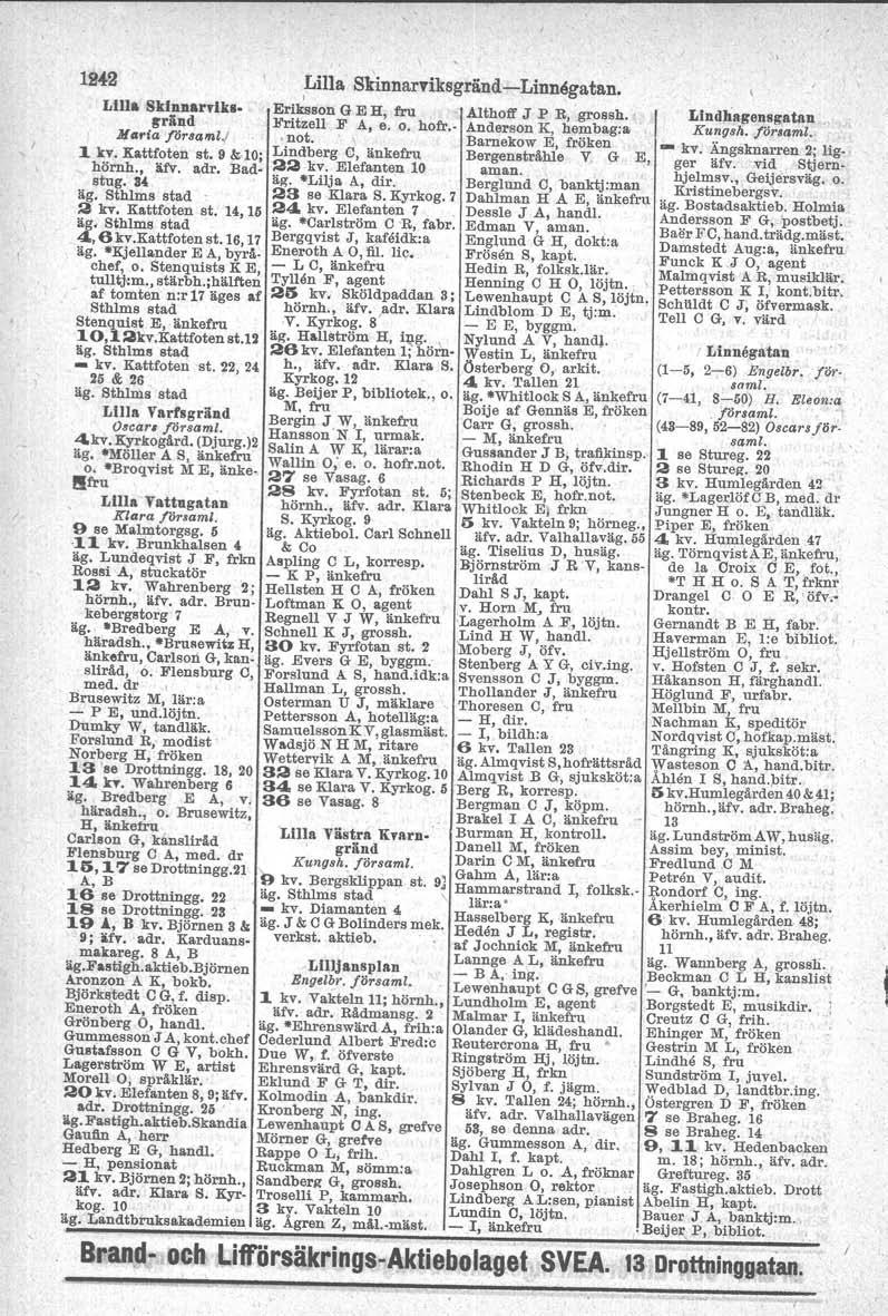 12.2 Lm. Skinnarvikl. p;ränd MII.ia församl'; 1. kv. Kattfoten st. 9 &.10; hörnh., äfv. adr. Badstug. 3'. 2 kv. Kattfoten st. 14,15 4., 6kv.Kattfotenst.16, 17 äg. "Kjella.nder E A, byrå. chef, o.