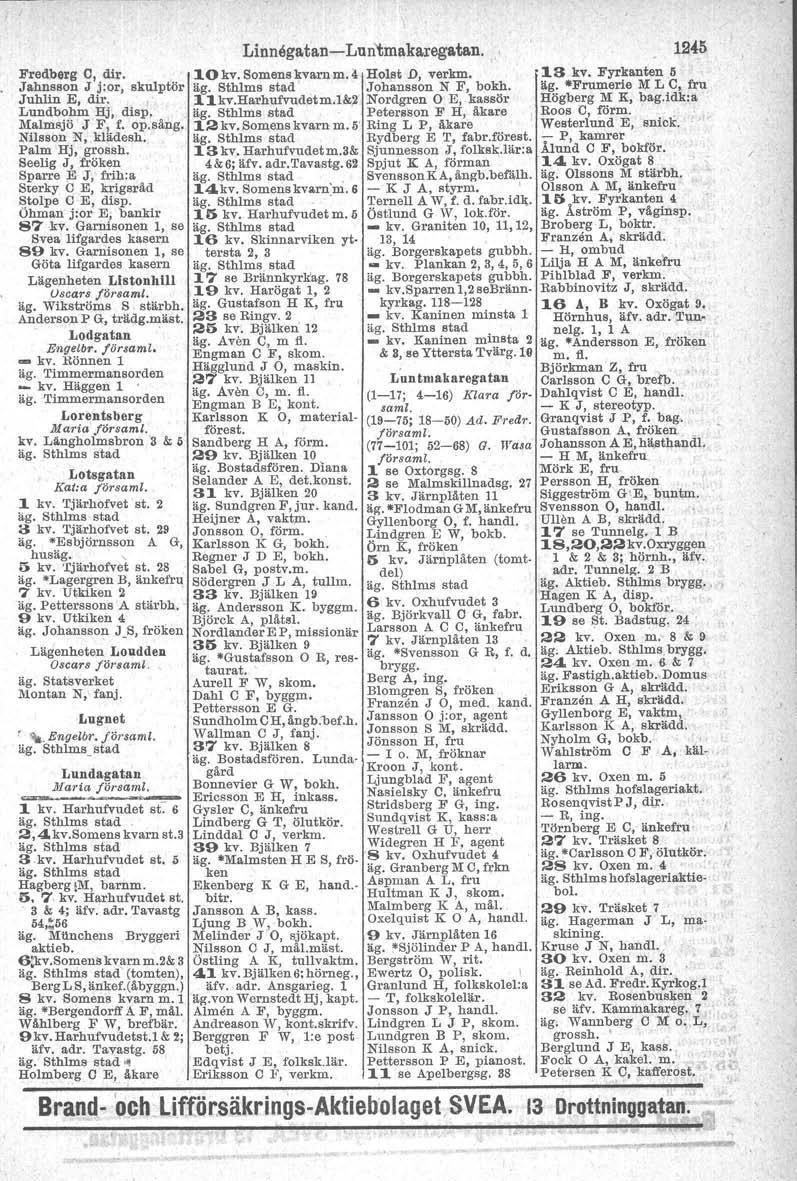 Linnegatan-e Lun'tmakaregatan., Fred:berg C, dir. 10kv.Somenskvarnm.4 Holst D, verkm. Jahnsson J j:or, skulptör äg. Sthlm s stad' Johansson N F, bokh, Juhlin E, dir., 11kv.Harhufvudetm.