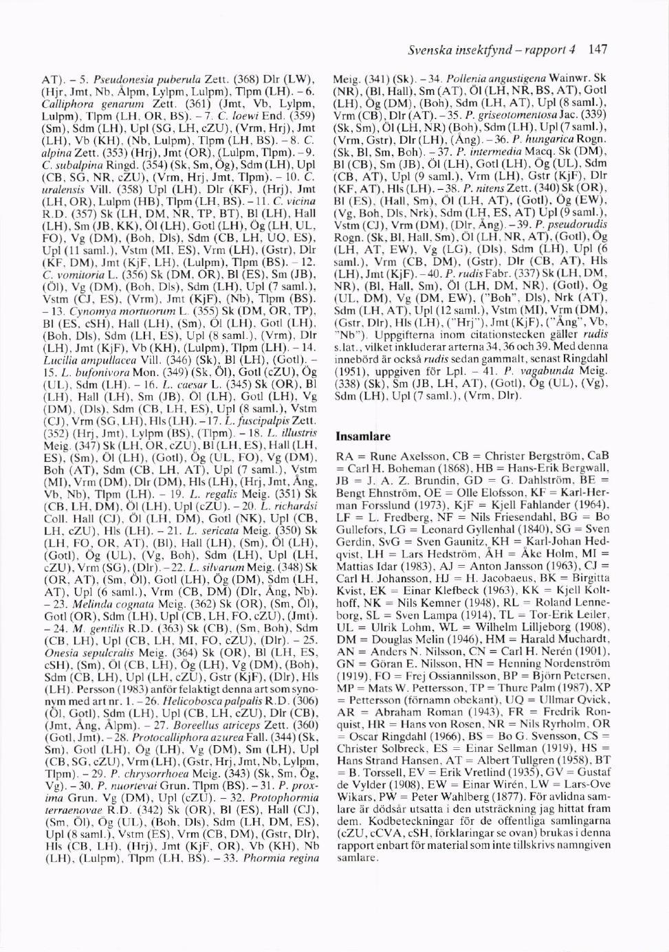 Svenska insektfyntl rupport I 147 AT). 5. Pteudonesiu puberulu Zett. (368\ Dlr (LW), (Hjr. Jmt, Nb. Alpm. Lylpm. Lulpm). Tlpm (LH). 6. Calliphora g?tnntm Zett. (361) (Jmt, Vb.