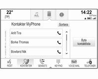 22 Grundfunktioner Använda kontaktlistan Om du vill visa en kontaktlista genom att trycka på ; kan du aktivera telefonen eller navigeringsappen och sedan välja KONTAKTER i interaktionsfältet.