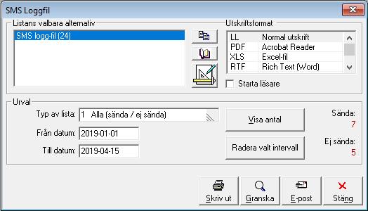 SMS Loggfil Längst ner i Grund-modulens menypunkt Utskrifter finns rutinen SMS Loggfil.