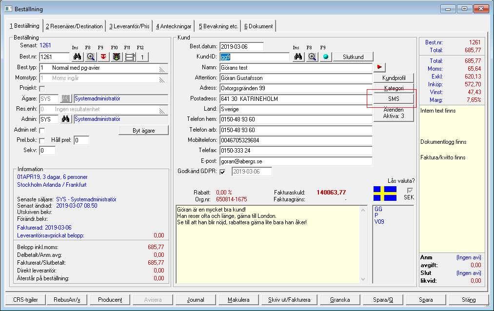 Res-Front: SMS I Resebyrå-modulens beställningsbild finns det en knapp som heter SMS. Den är aktiverad när man har köpt Rebus SMS-modul och öppnat den via de kodfiler vi skickat ut.