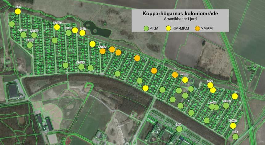 Kopparhögarna Sid 8 (15) 1318-175 Figur 4. Färgmarkeringen som visar föroreningsgrad avseende arsenik i något prov uppdelat i över eller under KM respektive MKM. Figur 5.