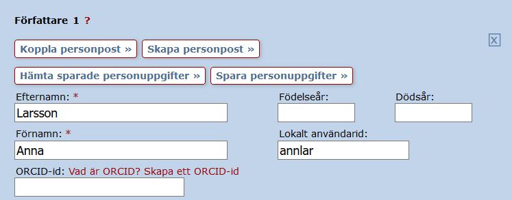 7. Författare: Ange författare genom att söka fram din information under Koppla personpost och välj det alternativ som är aktuell för publikationen.