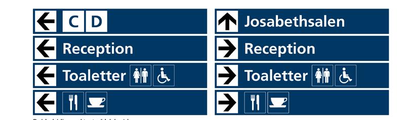 Våningsplansregister T2 placeras mitt emot hiss på respektive våningsplan och visar riktningen till verksamheterna.