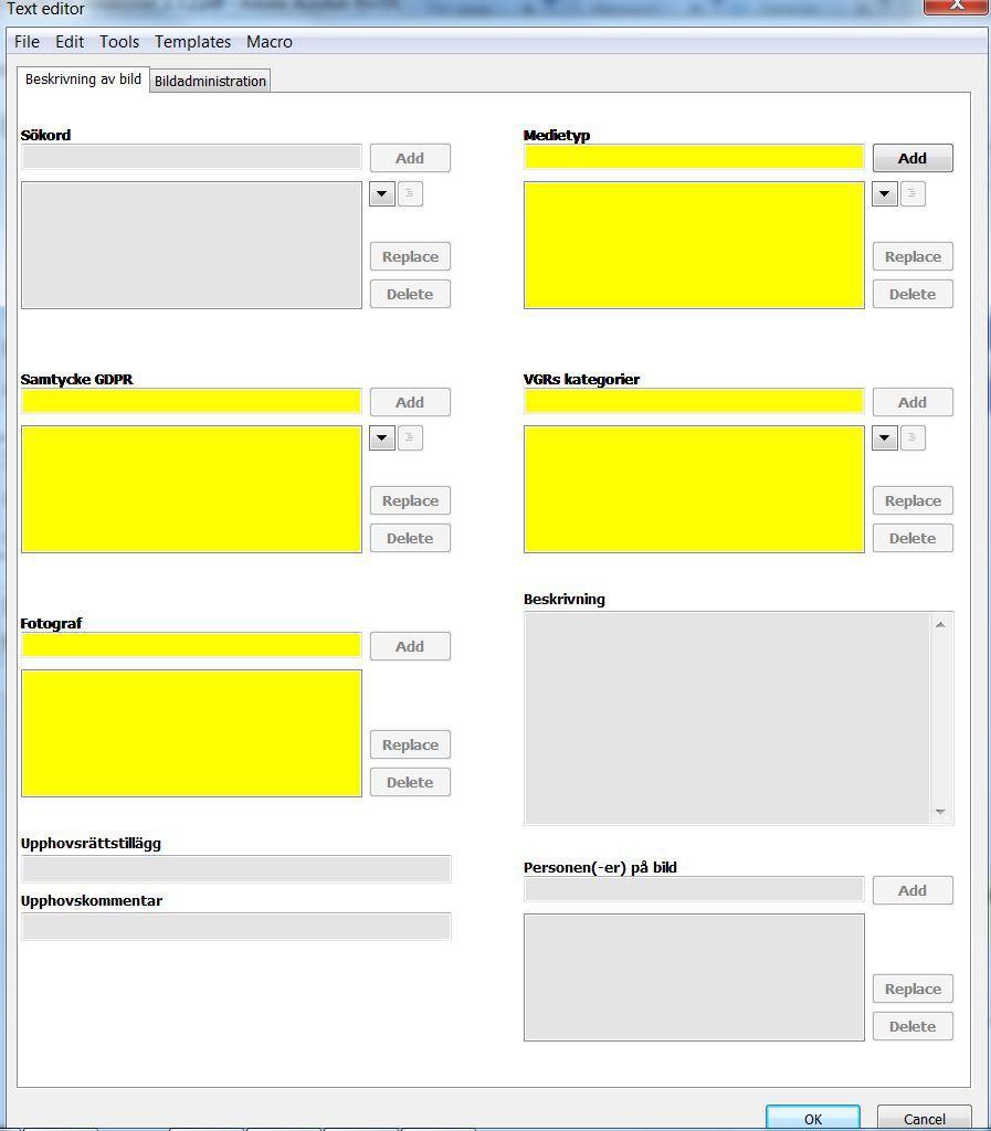 Gula fält = Tvingande fält Keywords: Sökord, vilka är fritext baserade. Använd sökord som skulle underlättar för en användare inte sett bilden att finna den vid en sökning.