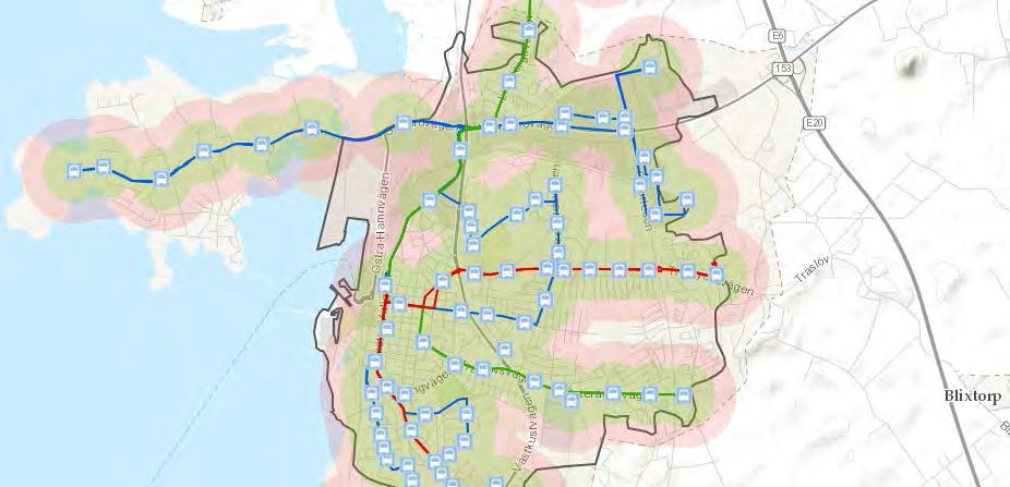 Figur 11. Utvalda delar inom tätorten som inte nås av kollektivtrafik inom 300 m.