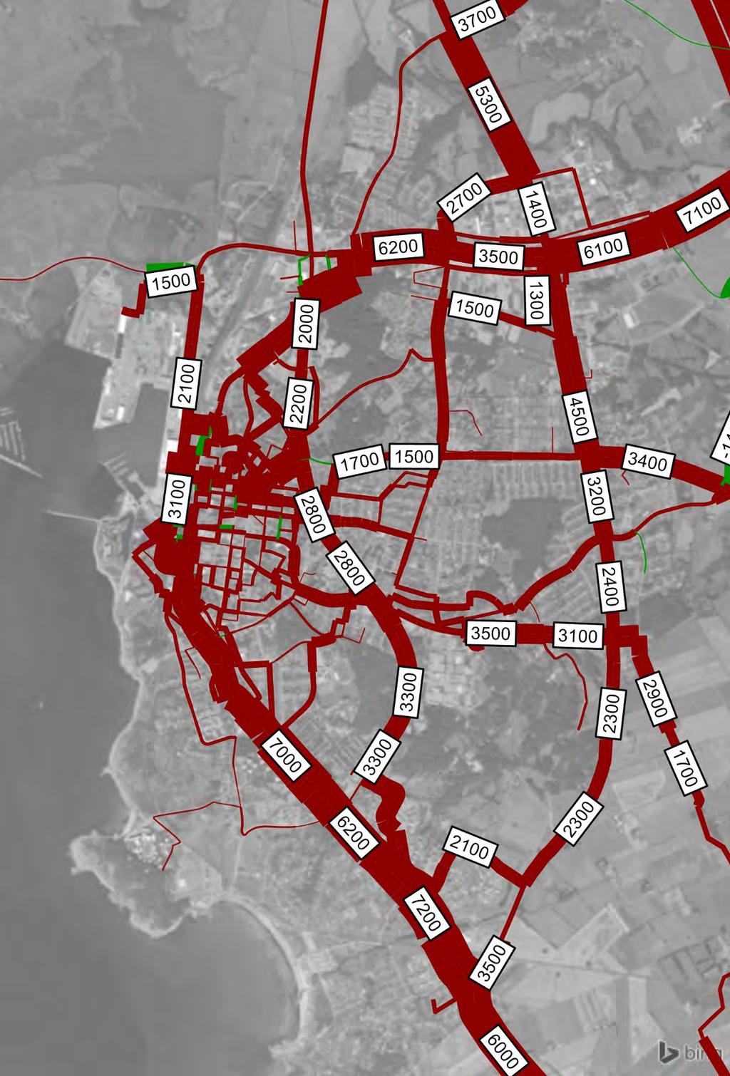 7.2.2 Scenario 1: Skillnad mot år 2015 Figur 22. Skillnad i trafikflöden mellan år 2015 och år 2030 i Varbergs tätort.