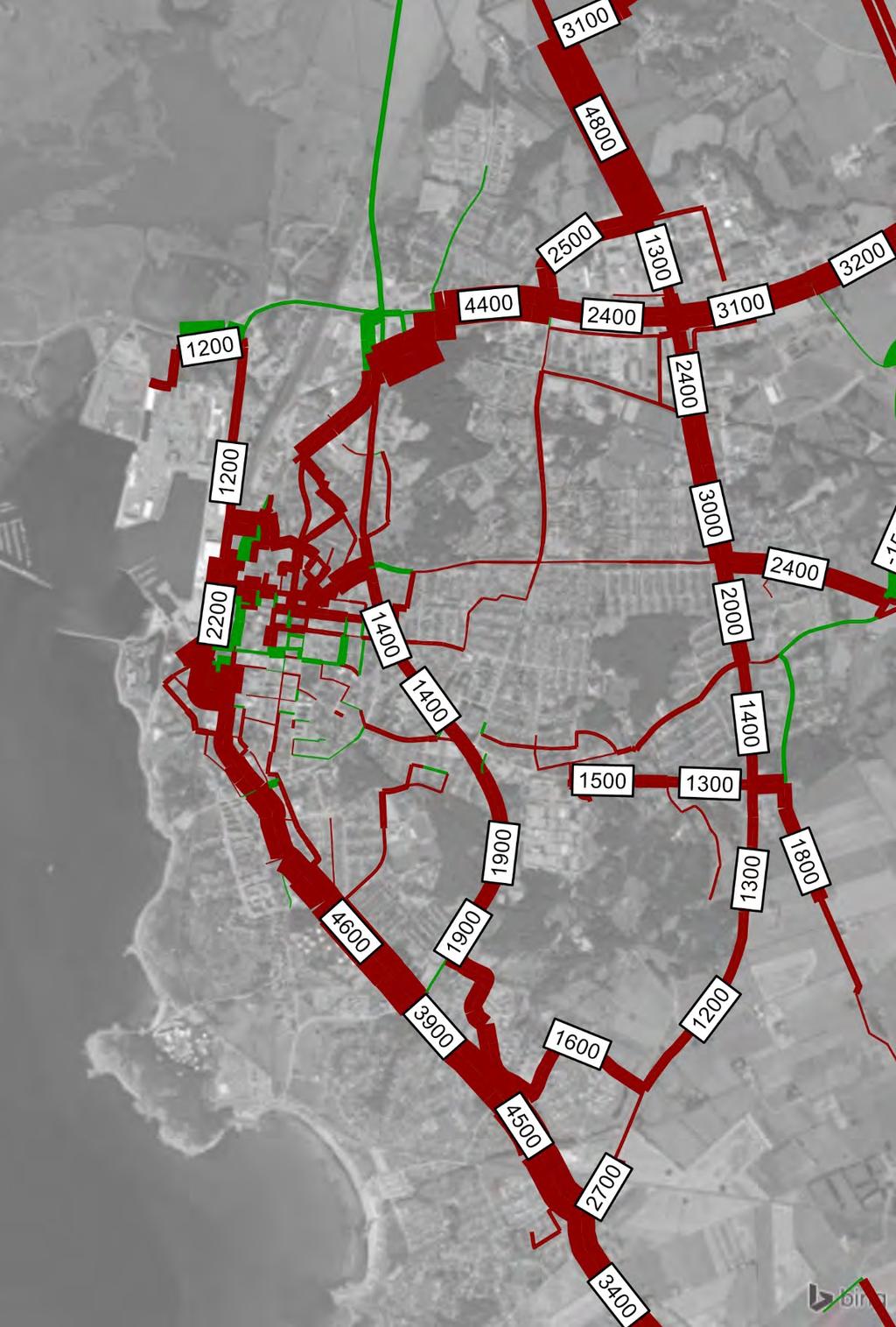 7.4.2 Scenario 3: Skillnad mot år 2015 Figur 26. Skillnad i trafikflöden mellan år 2015 och år 2030 i Varbergs tätort.