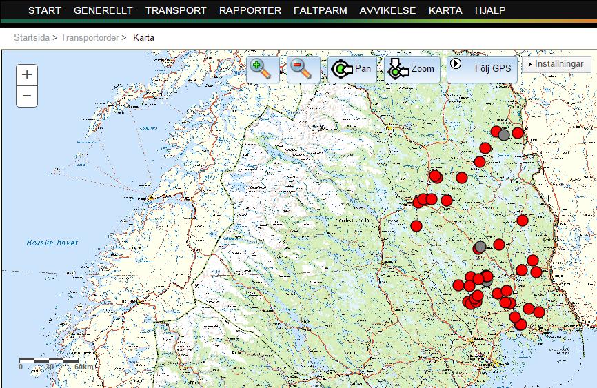 Figur 15. Ett transportföretags samtliga objekt. Om man klickar på knappen Översiktskarta (under listan) får man istället upp en karta som visar samtliga objekt i listan, se Figur 15.