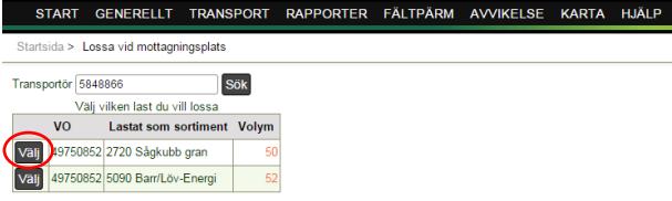 Figur 22. Lossa vid mottagningsplats. Ditt transportörsnr visas i fältet. Du ser vad som är aktuellt att lossa.