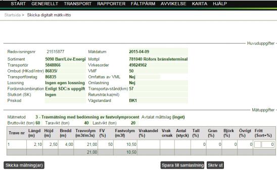 Nedan finner man en sammanställning över det digitala mätkvittot. Välj Skicka för att skicka mätningen till VIOL. Här kan man även välja att skriva ut mätningen via knappen Skriv ut se Figur 29.