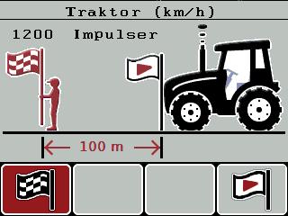 Nu måste även antal impulser för hastighetsignalen bestämmas. Vet du det exakta impulsantalet, kan det matas in direkt: 8. Öppna menypunkten Traktor (km/h) > Omkalibrera > Imp/100m.