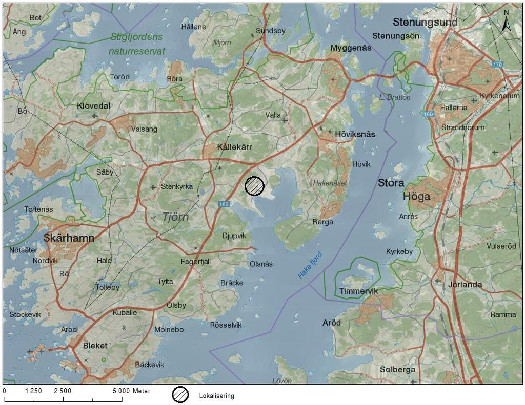 3 OMRÅDESBESKRIVNING Figur 3.1 Översiktlig bild av planerad lokalisering väster om hamnområdet i Wallhamn.