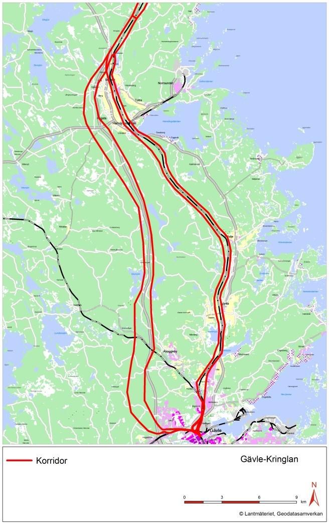 Figur 1. Studerade korridorer för ny del av Ostkustbanan mellan Gävle och Kringlan. 1.1.1. Gävle-Valboåsen Både västligt och östligt korridoralternativ korsar eller löper parallellt med grundvattentäkten Gävle-Valboåsen (se Figur 2).