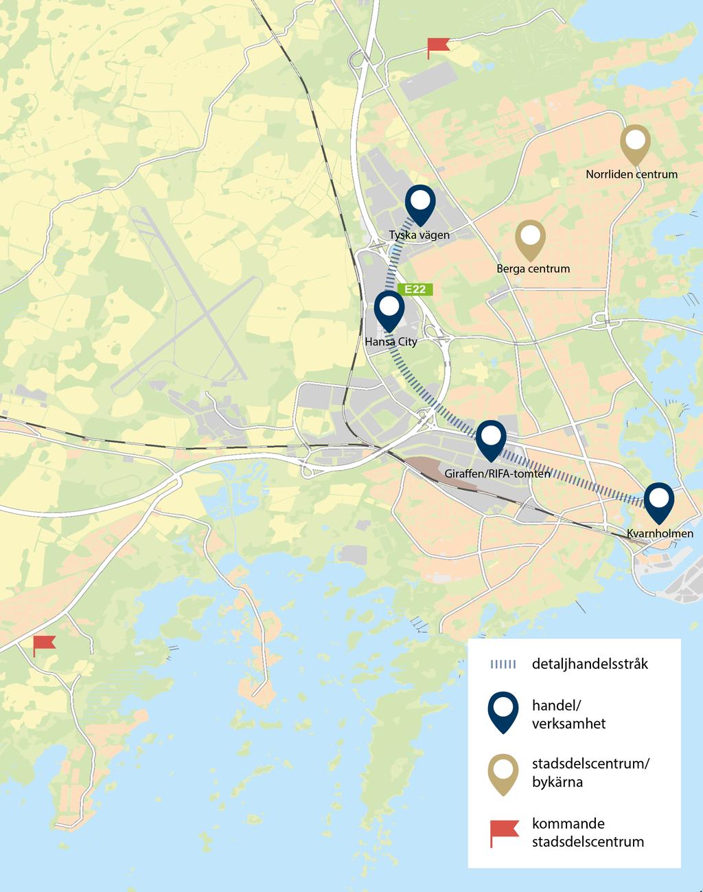 Handelsstruktur inriktning och profil Handelskoncentrationerna i Kalmar ligger längs ett stråk från Kvarnholmen, via Giraffen och Hansa City till och med Tyska vägen.