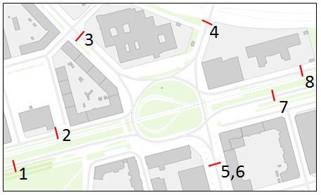 Figur 8 visar positionen för dessa trafikflödesmätningar (numrerade). Figur 8 Platser för trafikflödesmätningar Tabell 2 visar information för respektive mätpunkt.