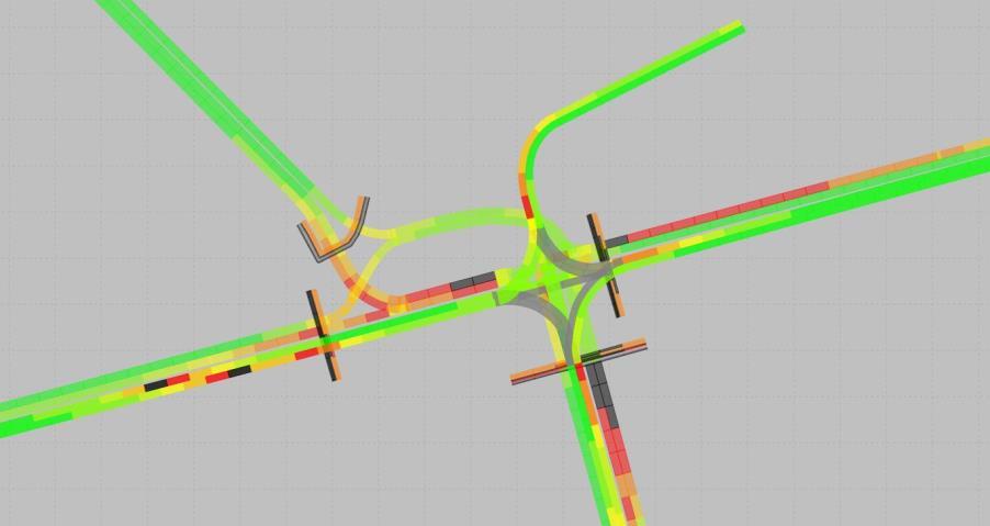 Figur 29 - Medelhastigheter UA2 - Trafikmängder baserade på drönarfilmen När trafikmängderna baseras på drönarfilmen tyder medelhastigheterna i UA2 på mest köbildningar vid Norra Promenaden väst