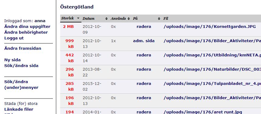 Städning är viktigt! Vi kan inte använda webbservern som ett arkiv för bilder och pdf-filer. Utrymmet är begränsat. I menyn kan du få hjälp med att städa bort för stora filer och bilder.