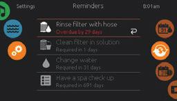 Kontrollenhetens funktioner Sidan Reminders (påminnelser) Kontrollenheten in.k1000 ger dig påminnelser om underhållsåtgärder som ska utföras på ditt spa, så som rensning eller rengöring av filter.