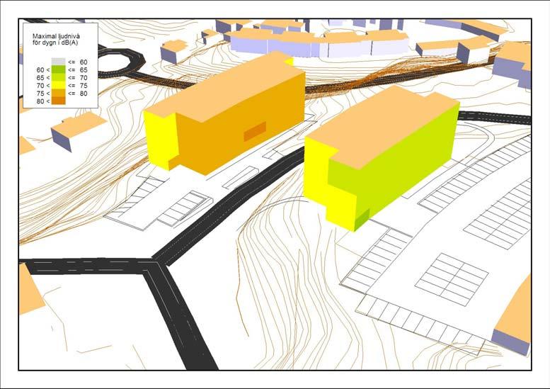 Figur 6 Buller från wvägtrafik. Maximal ljudtrycksnivå (frifält) på fasader mot nordost. Tabell 2 Högsta värdet på varje fasad för maximal ljudtrycksnivå.